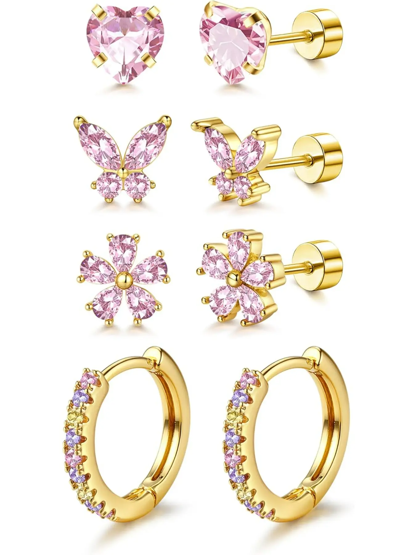 14K Gold Plated Hypoallergenic Surgical Steel Earrings for Women | 316L Stainless Steel Pearl Flower Butterfly Heart Strawberry Rainbow Flat Back Eariings Small Daisy Huggie Hoop Earring Set