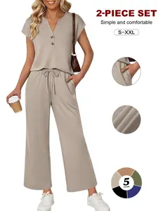 Women's 2-Piece Casual, Notch Collar Henley Tee, Cap Sleeve, Elastic Waist, Side Pockets, Wide Leg Pants, Soft Loungewear