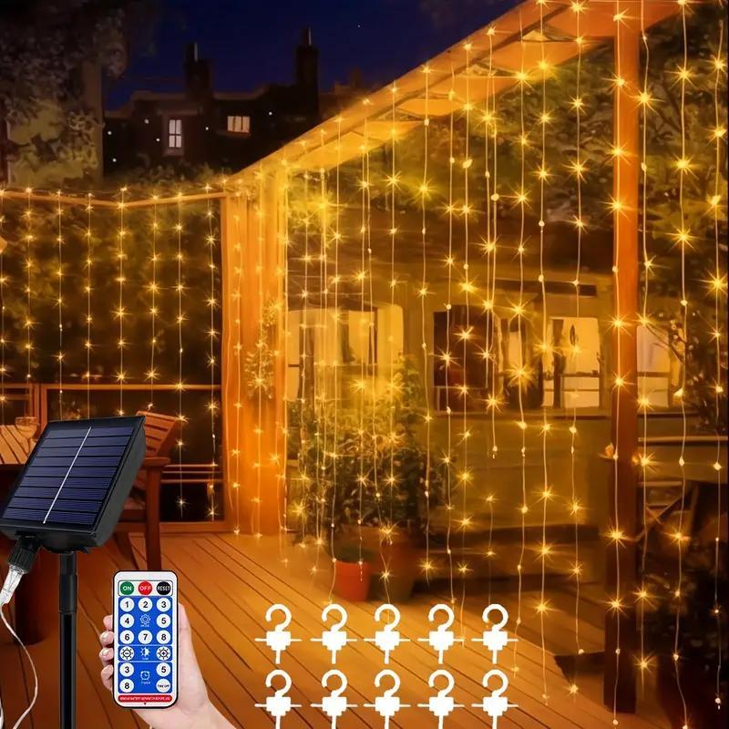 Solar Powered LED Curtain Light String, LED Light String with Remote Control & Timer, Solar Strip Lights, Decorative Light for Home, Garden, Balcony, Garden Decorations
