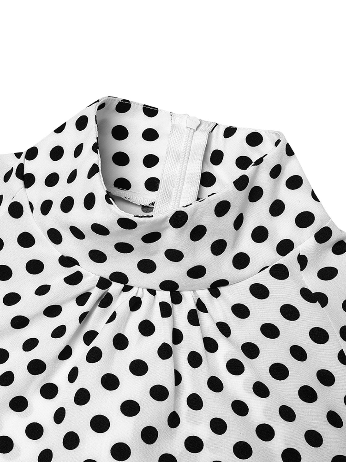Women's Polka Dot Print Bishop Sleeve Dress, Elegant Chic Long Sleeve Stand Collar Short Dress for Party Holiday Wedding Guest, Ladies Fall & Winter Clothes, Womenswear, Formal Dresses Women, Chic Elegant Aesthetic