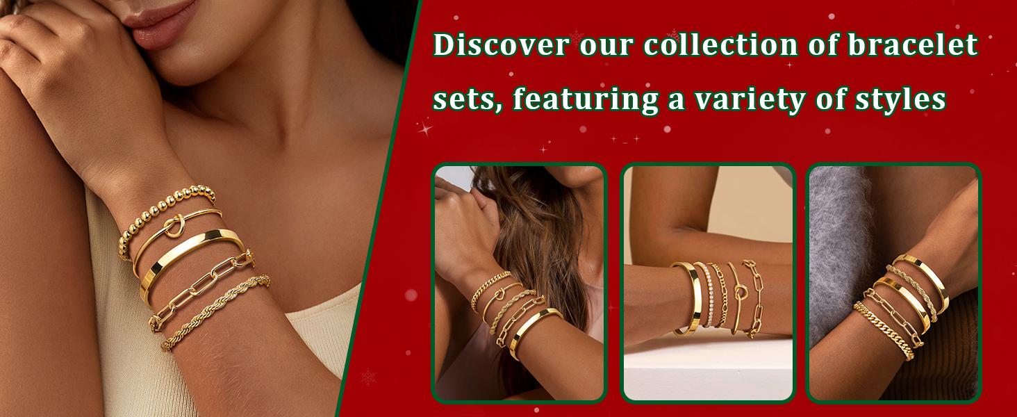 Gold Bracelets Set for Women Non Tarnish, 14K Gold Plated Sterling Silver Chunky Cuff Bracelet Stackable Gold Bangles Bracelet for Women Trendy Fashion Accessories Tie Knot Cuban Rope Paperclip Beaded Bracelet Stack Jewelry Valentines Day Gifts