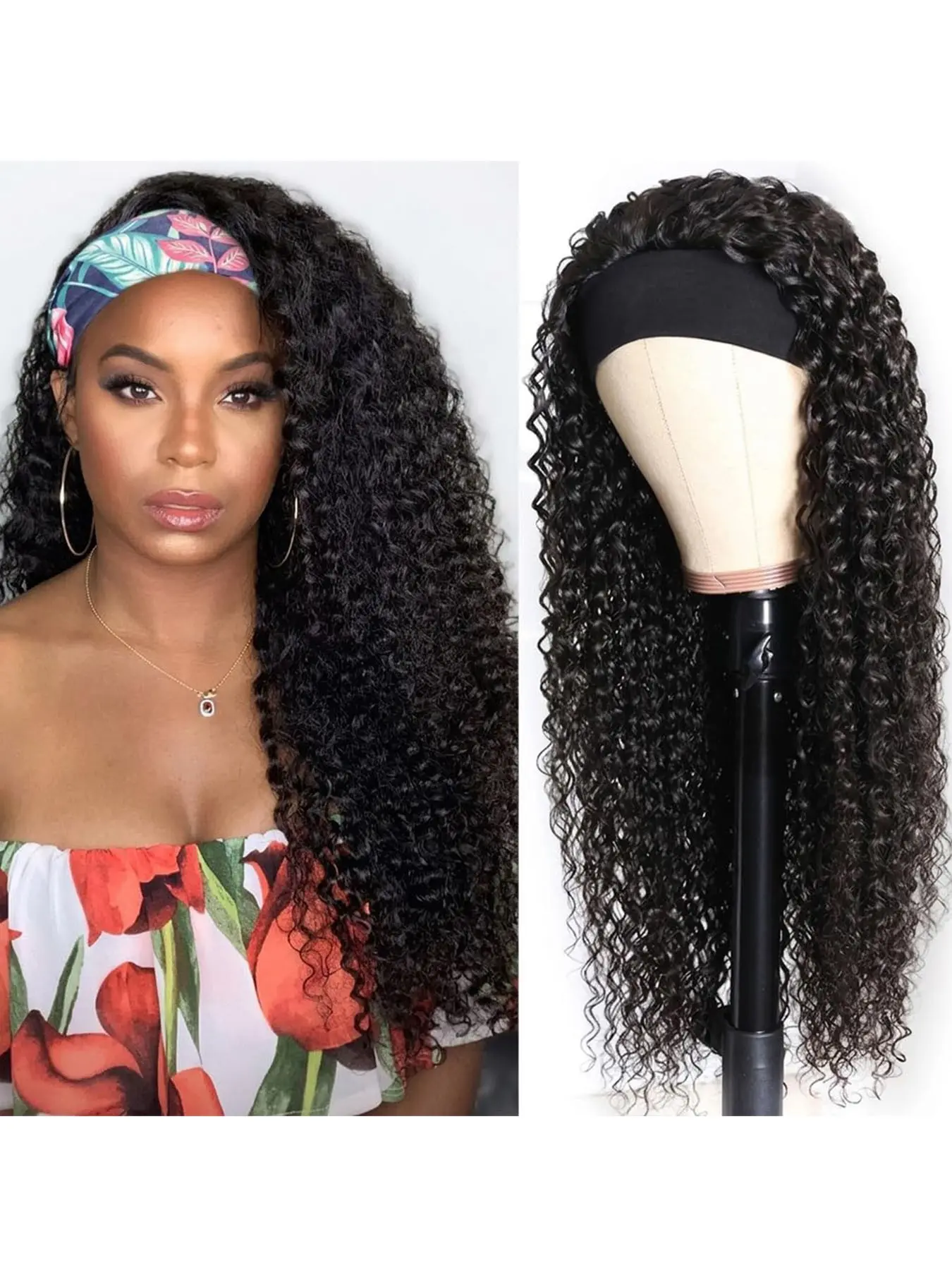 Headband Wig Synthetic Hair Deep Wave 28 Inch Curly Headband Glueless None Lace Front Wigs for Black Women Machine Made 180% Density Natural Color