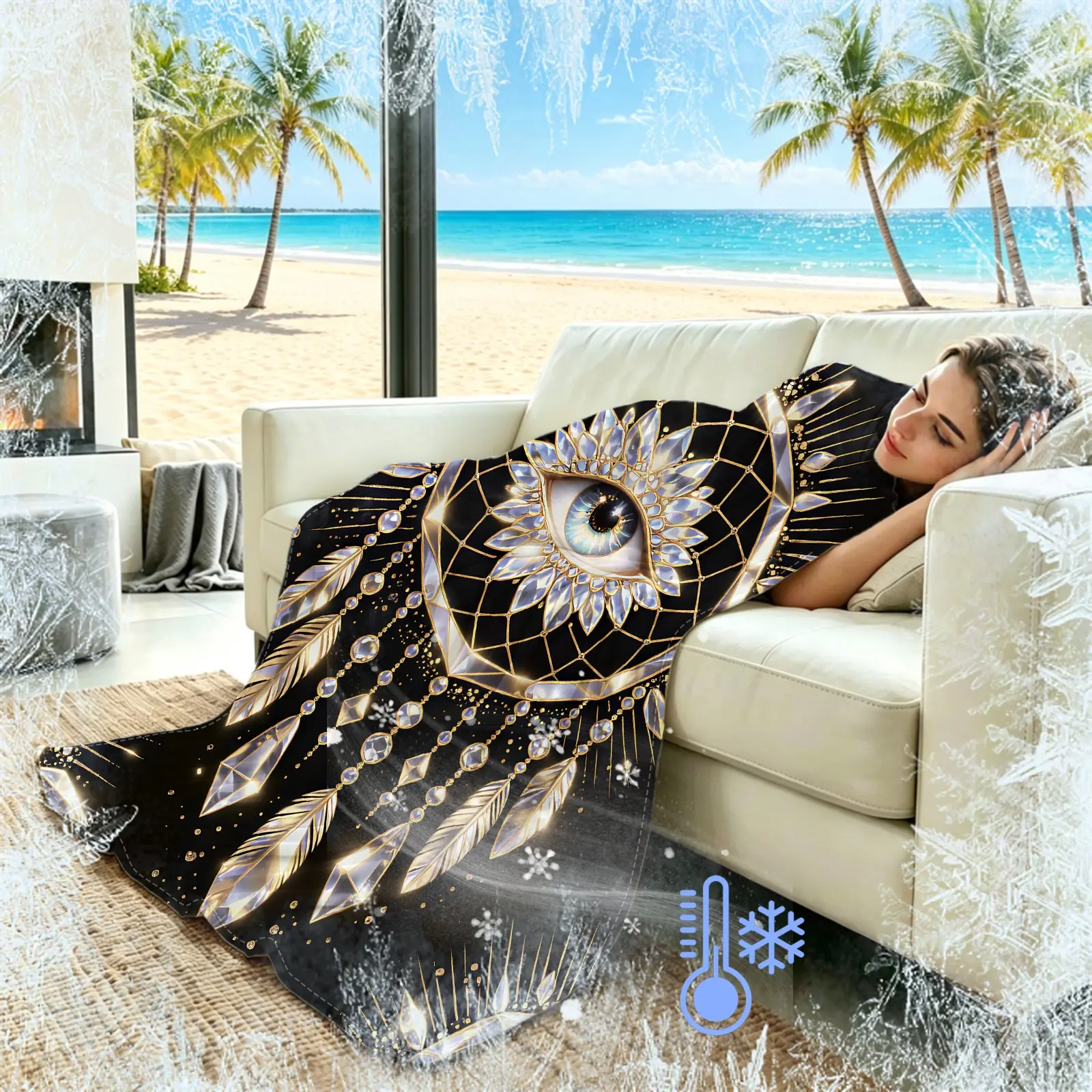 Mystic Dreamcatcher Cooling Throw Blanket, All Seeing Eye Gold Feather Crystal Full Print Breathable Cover, Cool Dual-Use Nap Blanket, Luxury Textile For Sofa Bedroom