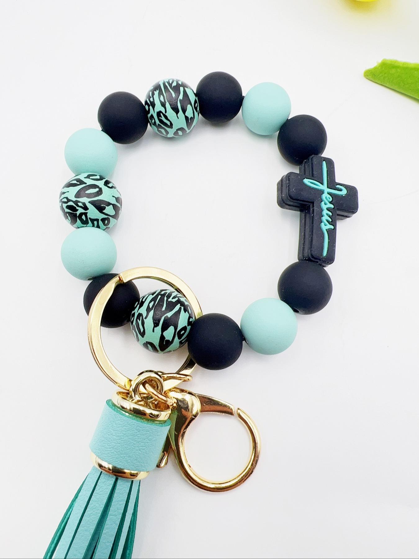 1 Piece Leopard Pattern Tassel Decor Beaded Keychain, Trendy Cute Jewelry for Women & Men, Fashion Accessories, Perfect Gift for Friends