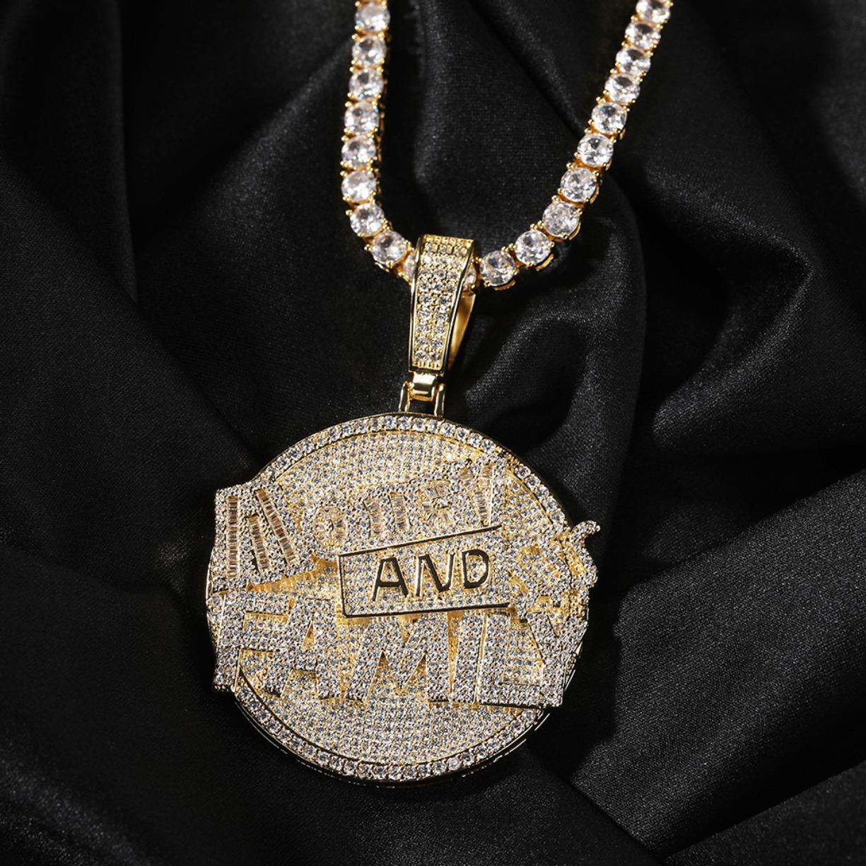 Copper Money & Family Letter Round Pendant Necklace with 5A+ Moissanite for Unisex, Miami - Inspired Luxury Daily Jewelry, Ideal Gift, Hip - Hop Style