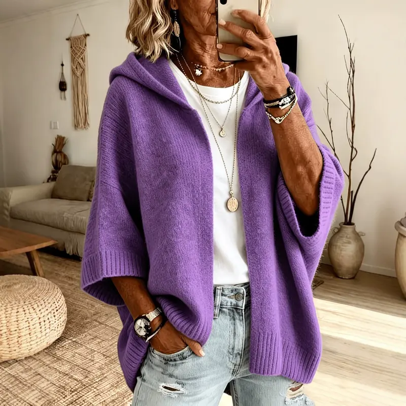 Women's Casual Knit Fabric Cardigan - Oversized Open-Front Hooded Neck Sweater, Batwing Long Sleeves, Loose Slouchy Fit, Solid Color, Plus Sizes Boho Clothes, Fall Winter Layering Outerwear, Comfy Loungewear Jacket