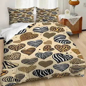 2/3Pcs Trendy Animal Print Heart Duvet Cover Set, Playful and Vibrant Bedding Set with Zebra and Leopard Patterns, Lightweight and Soft for Whimsical Bedroom DecorIncludes 1 or 2 Pillowcase - No filling/Zipper Closure