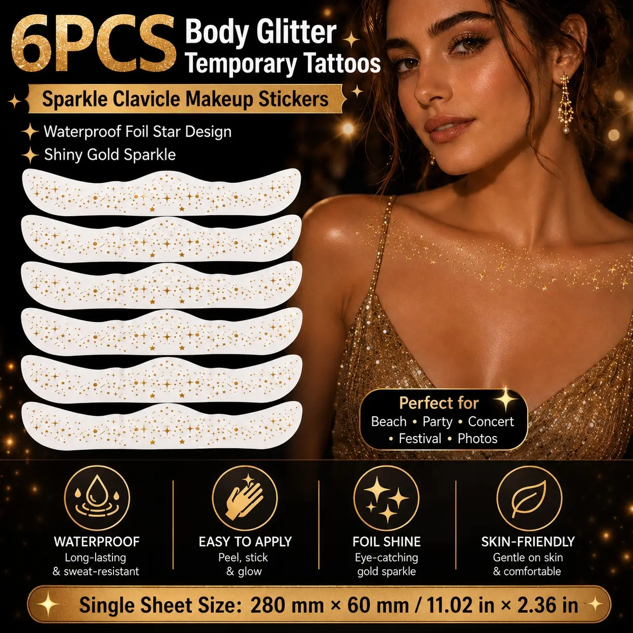 Temporary Glitter Tattoo Stickers 6pcs, Waterproof Clavicle Body Makeup Patches with Sparkly Star Pattern and Long Lasting Shimmer Effect, Fashion Fake Tattoos for Women, Beach Vacation, Music Festival, Club Party, Concert and Rave Styling