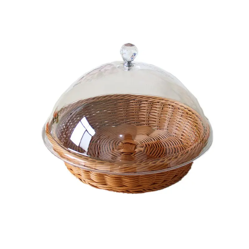 Woven Baked Bread Basket with Acrylic Lid, Imitation Rattan Bread Basket, Oval Woven Fruit Basket with Cover for Food Vegetable Display