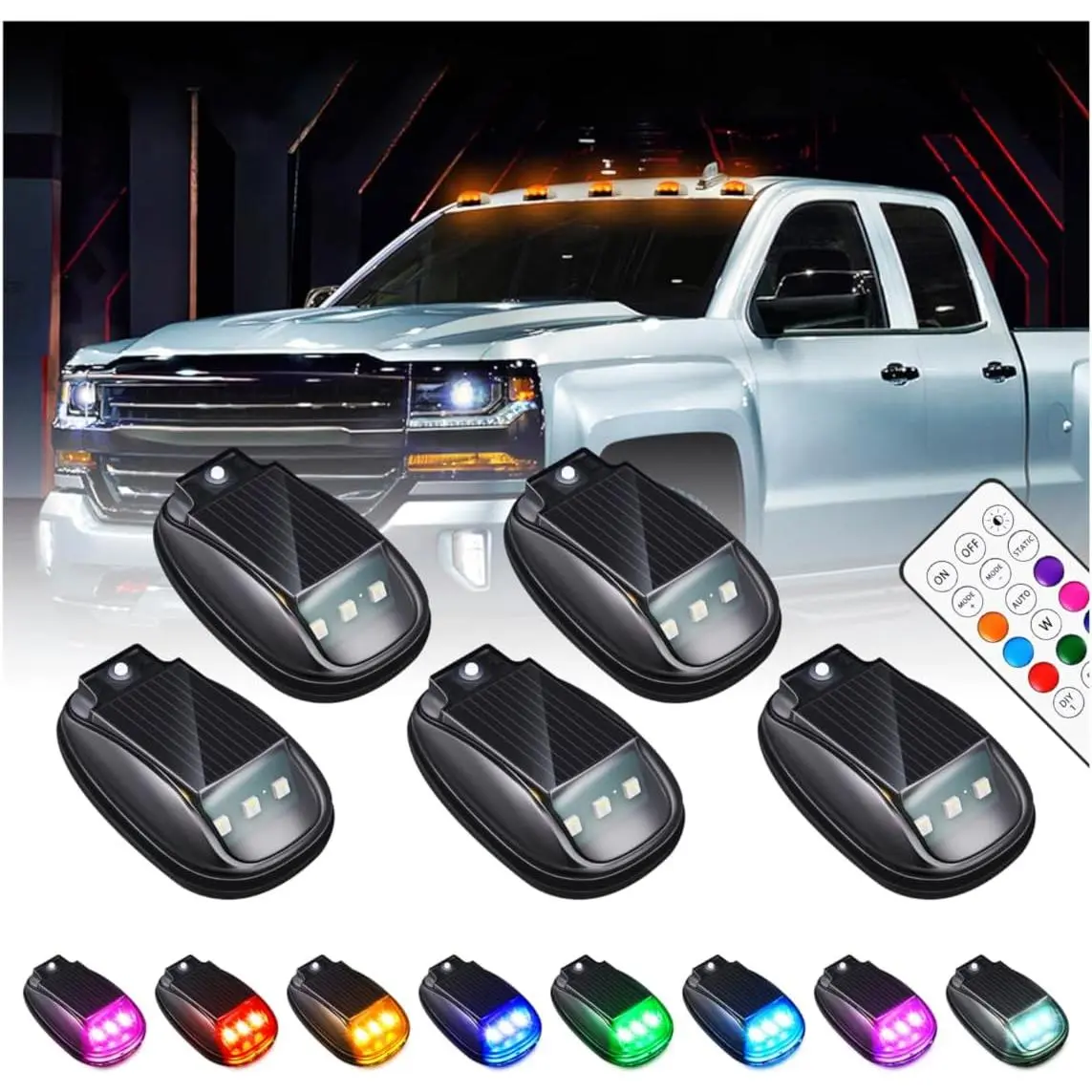 Solar Car Roof Neon RGB Strobe Light, Cab Signal Marker Lamp Wireless LED Warning Lights Safety Accessories for Cars Trucks Pickup SUV Jeeps Rvs with Vibration Sensor, No Drill, Waterproof (5PCS)