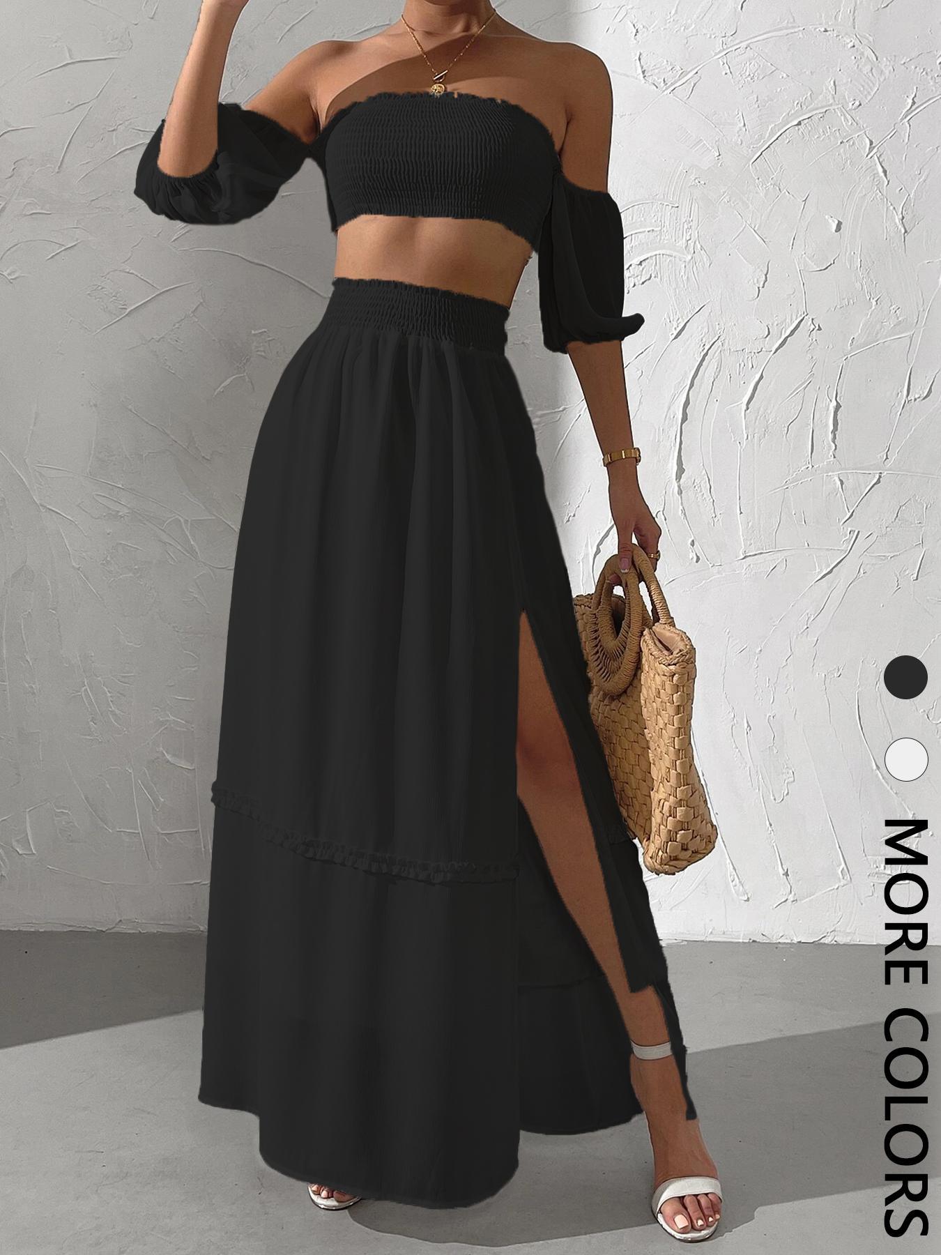 Women's Solid Off Shoulder Fitted Crop Top & Split Hem Skirt Two-Piece Set, Casual Fashion Cozy Two Piece Outfits for Daily Outdoor Wear, Ladies Clothes for All Seasons