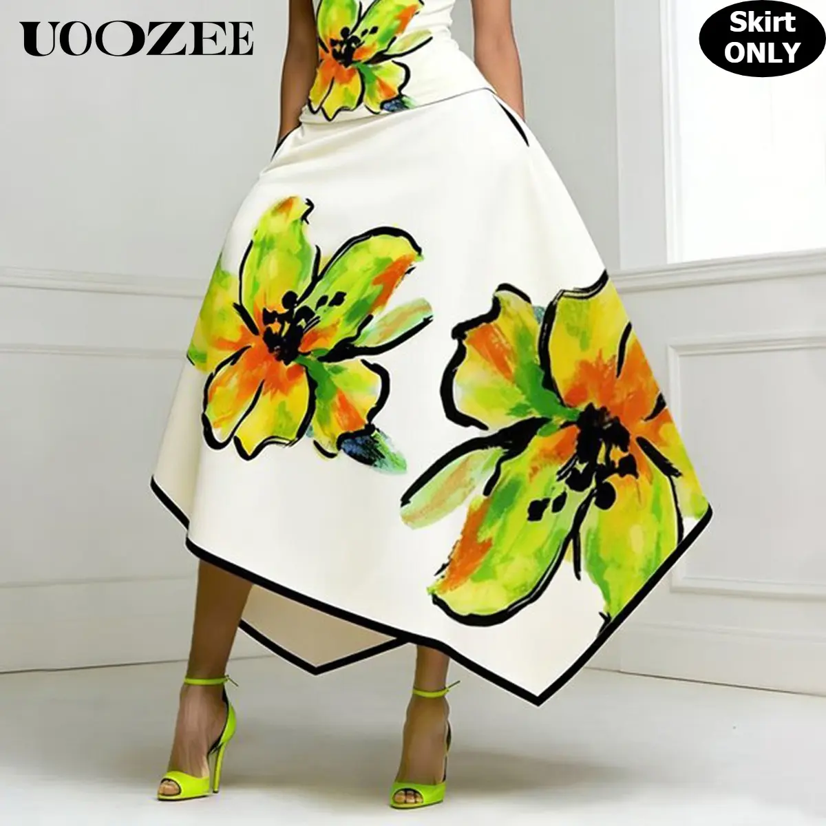 UOOZEE Women's Floral Print Midi Skirt, Dressy A-Line with Asymmetrical Hem in Smooth Polyester Fabric, High Waist with Pockets, Bottom, Ladies, Piece, Elegant, Casual, Breathable Skirt, Business, Colorblock, Functional Side Pockets, Brunch