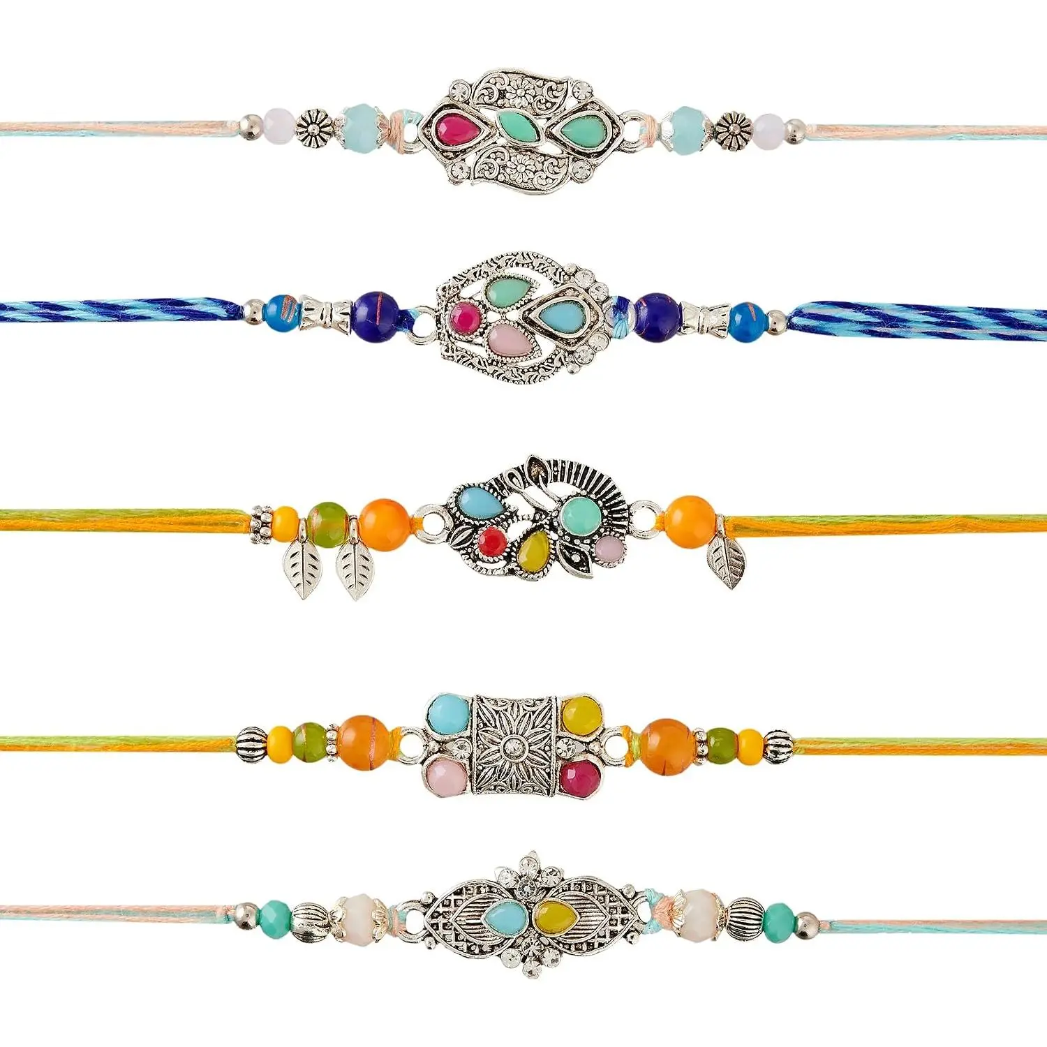 Rakhi for  Set of 5, Raksha Bandhan Traditional Bracelet For Bhaiya | Includes greeting card, Artificial  pendant, arrives in compact envelope packaging for easy gifting