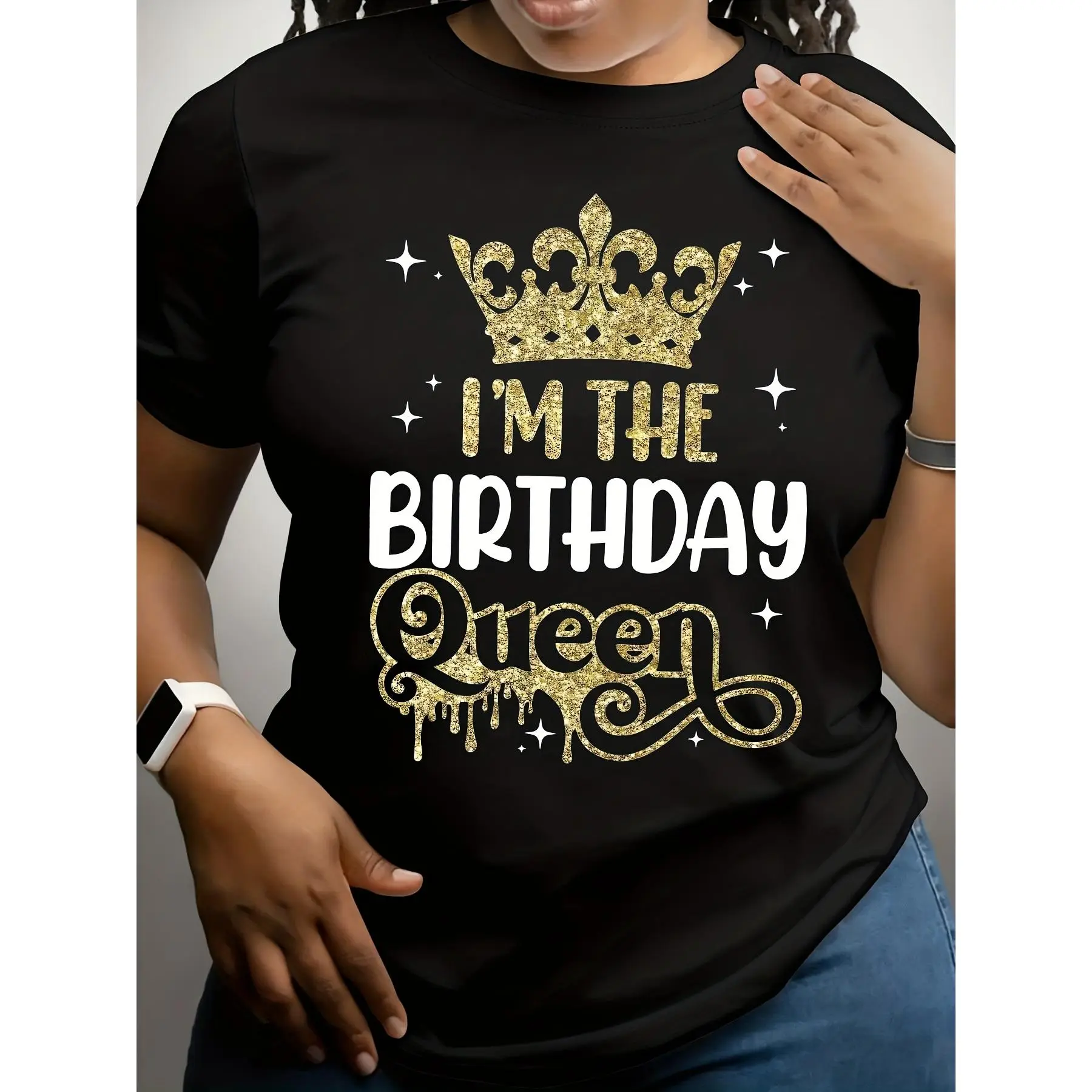 Women's "I'm The Birthday Queen" & Crown Letter Graphic Print Cotton Knit Short-Sleeve Crew Neck T-Shirt, Casual Fit Summer-Spring Top, Shortsleeve, Fabric, Round Neck, Tshirt, Funny, Regular Fit, All Seasons, Machine Washable