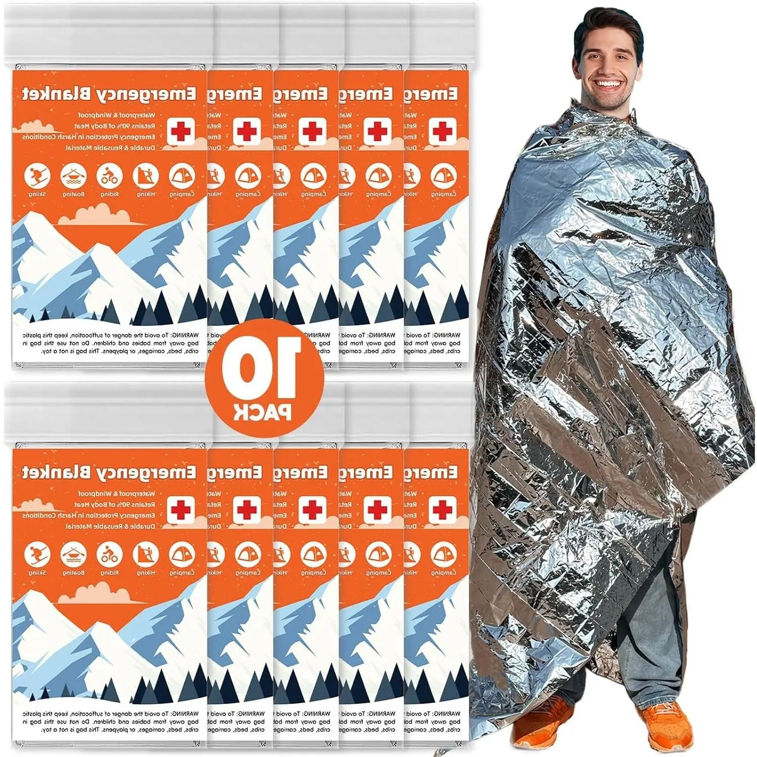 10-Pack Emergency Mylar Blankets – Waterproof Thermal Survival Space Blankets Reflect Up to 90% Body Heat for Camping, Hiking, First Aid & Survival KitsGift