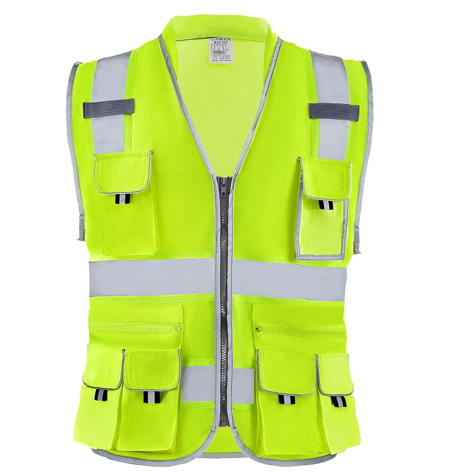 【DealsForYouDays】VEVOR Safety Vest, 10 Pockets Yellow Safety Vest, Hi Vis Zipper Front Safety Vest with Reflective Strips, High Visibility Work Construction Vest with Pockets and Walkie-Talkie Clip, for Men Woman