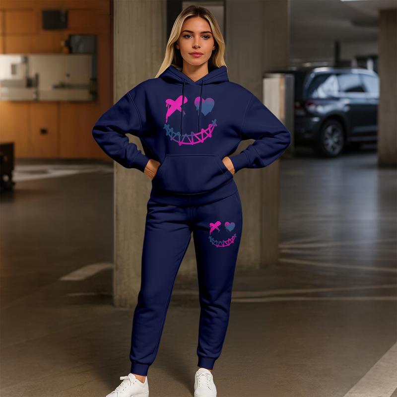 Women's Graffiti Smiley Print Hoodie and Drawstring Track Pants Set, Long Sleeve Hooded Sweatshirt and Jogger Outfit with Pockets, Casual 2 Piece Fall Winter Sportswear, Trendy Streetwear Tracksuit Set for Indoor Outdoor Daily Wear