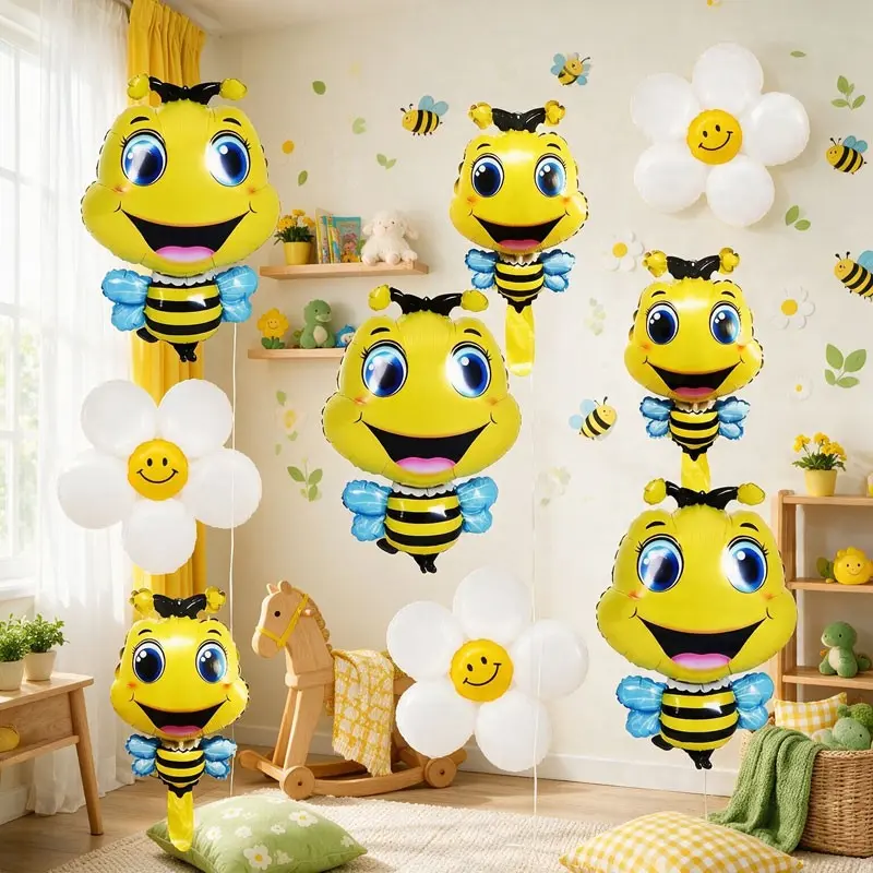 11-Piece Bee Theme Aluminum Foil Balloon Set, Large Eye Bee Foil, Smiley Daisy Balloons, Perfect for Birthday Parties, Garden Events, Classroom Decor