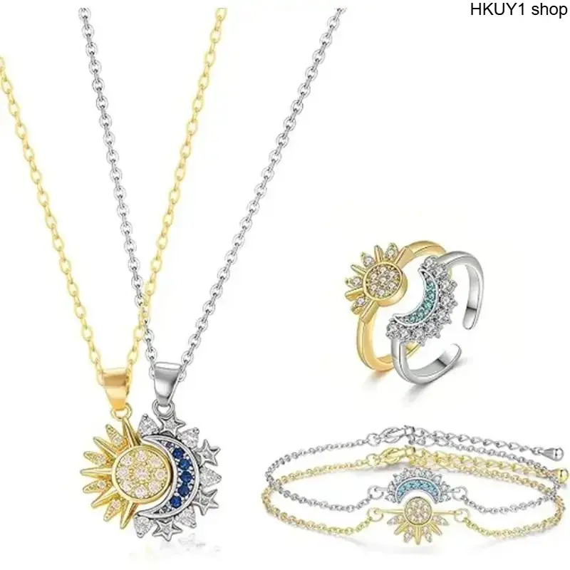 3pcs Sun Moon Jewelry Set for Women, Celestial Necklace Ring Bracelet Set with Sparkling Crystal Details, Y2K Aesthetic Layered Jewelry, Vintage Inspired Fashion Accessories, Cute Gift for Her Daily Wear