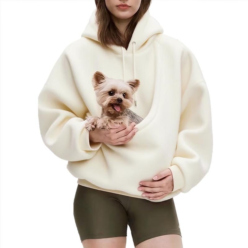 Women's Solid Color Hooded Sweatshirt - Loose Pullover with Plush Pet Pouch, Cute Furry Pet Carrier Pocket Oversized Casual Hoodie