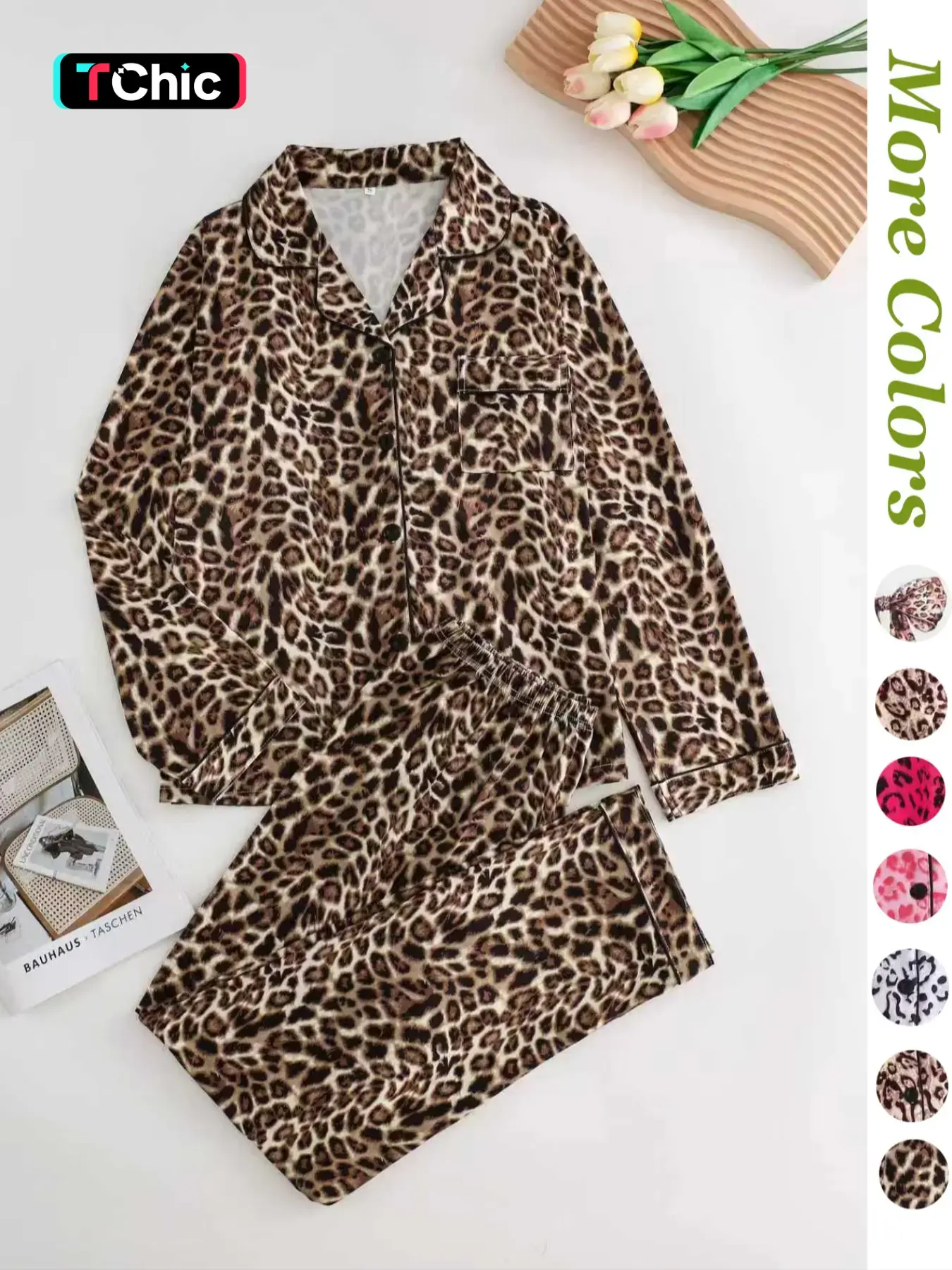 Women's Leopard Print Button Front Pocket Lapel Shirt & Elastic Waist Pants Pyjama Two-piece Set, Casual Comfy Pocket Long Sleeve Top & Trousers Pj Set, Women's Sleepwear for Spring & Fall, Loungewear Set Women, Collared Sleepwear