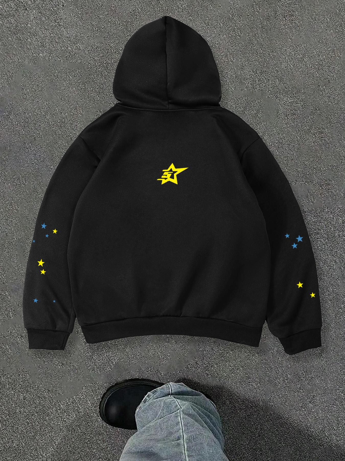Men's Hooded Sweatshirt, Spider Web Pattern, Letter Print, Colorful Stars, Street Punk Style, Casual Fitted, Fall & Winter, Graphic Hoodie