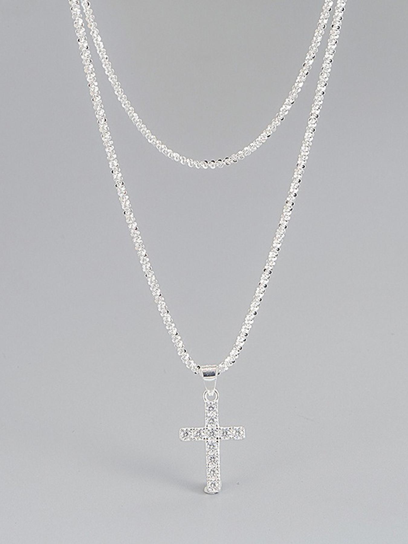 S925 Sterling Silver Women's Elegant Glittering Cross Charm Design Adjustable Pendant Necklace, Cross Chain Design, Exquisite Trendy Pendant Necklace, Chic Jewelry As Gift for Girlfriend, Dainty Cross Necklace, Dainty Necklaces