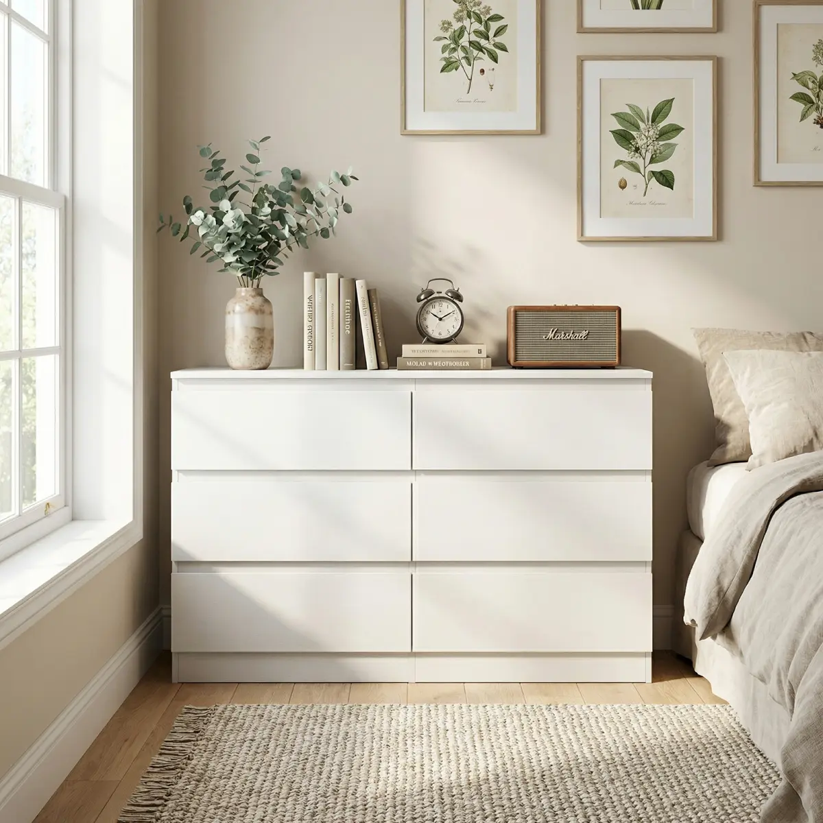 Aobtkel 6-Drawer White Modern Dresser - Wood Storage Cabinet with Concealed Handles, Sturdy Base, Spacious Countertop, Easy Setup for Bedroom, Living Room - 15.7" D x 47.2" W x 30.9"