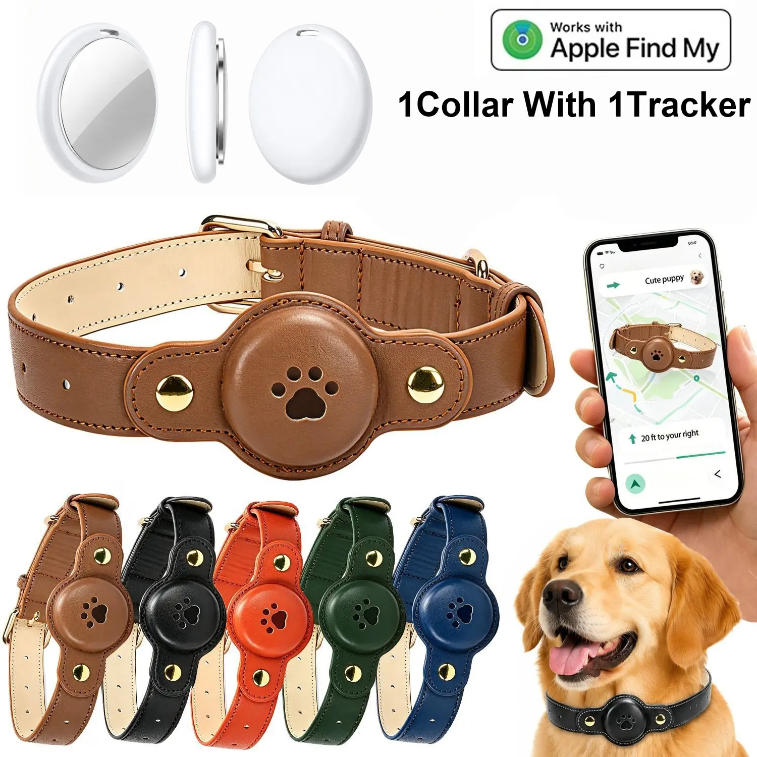 GPS Tracker Collar for Dogs – Smart Pet Tracker & PU Collar,Real-Time Location, No Monthly Fee, Works For Apple Find My – Fits Small to Large Dogs(Tracker Tag Included)