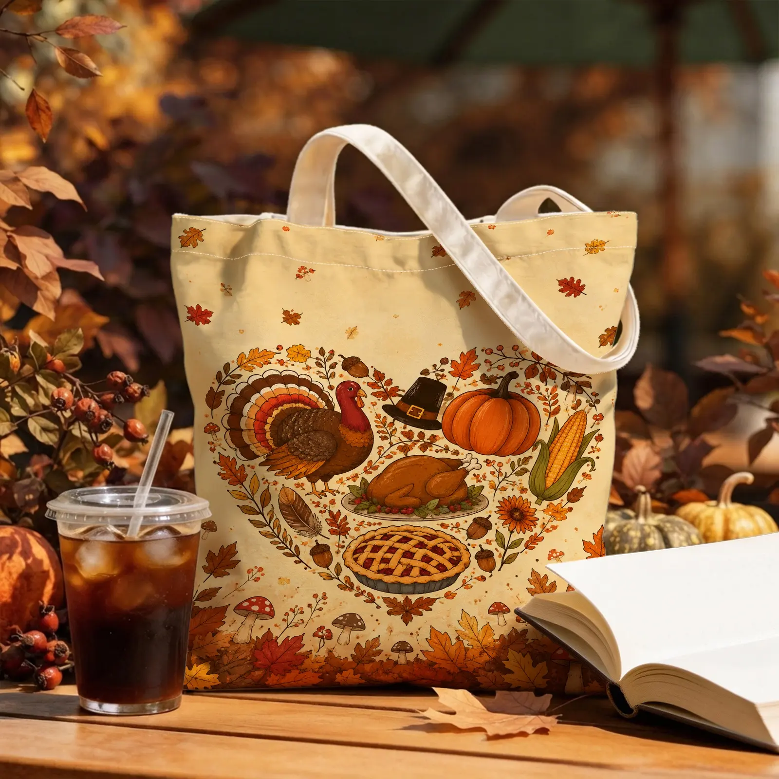 1pc Turkey Pumpkin Corn & Pie Canvas Tote Bag, Vintage Thanksgiving Style, for Women and Girls, Shopping, Travel, Thanksgiving Gathering and Daily Use, Thanksgiving Gift