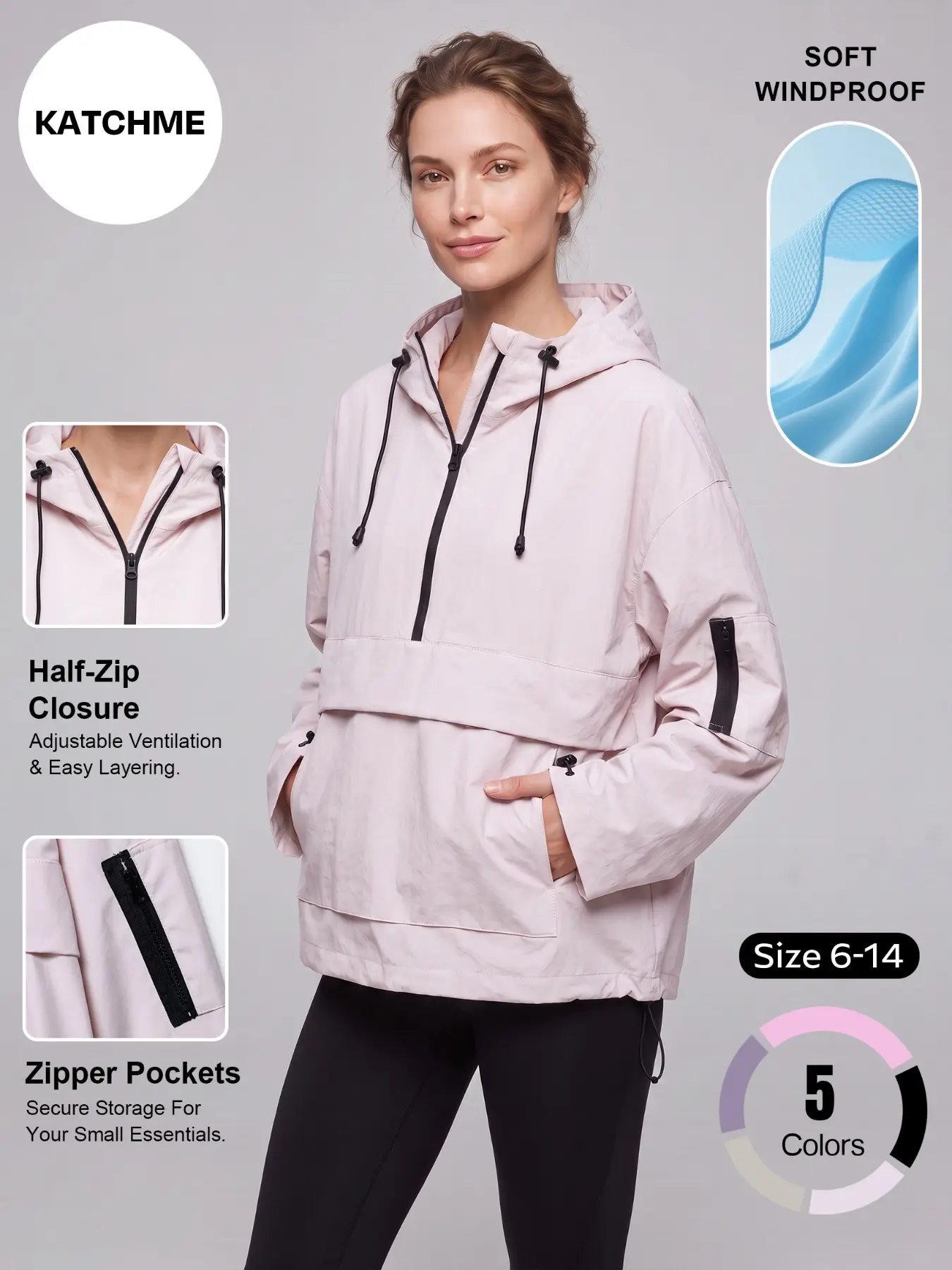 Women's Multifunctional Half-Zip Jacket, Waterproof Lightweight Windproof Hooded Coat, Loose Fit Drawstring Outdoor Hiking Top#TikTokMadeMeBuyIt #HalfZipJacket #HikingOutfit