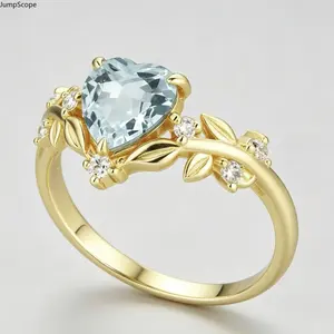 Heart Cut Aquamarine Twisted Branch Leaf Ring, Gold Plated Copper Micro Pave Accent Botanical Solitaire Band for Women Proposal & Daily Romantic Wear
