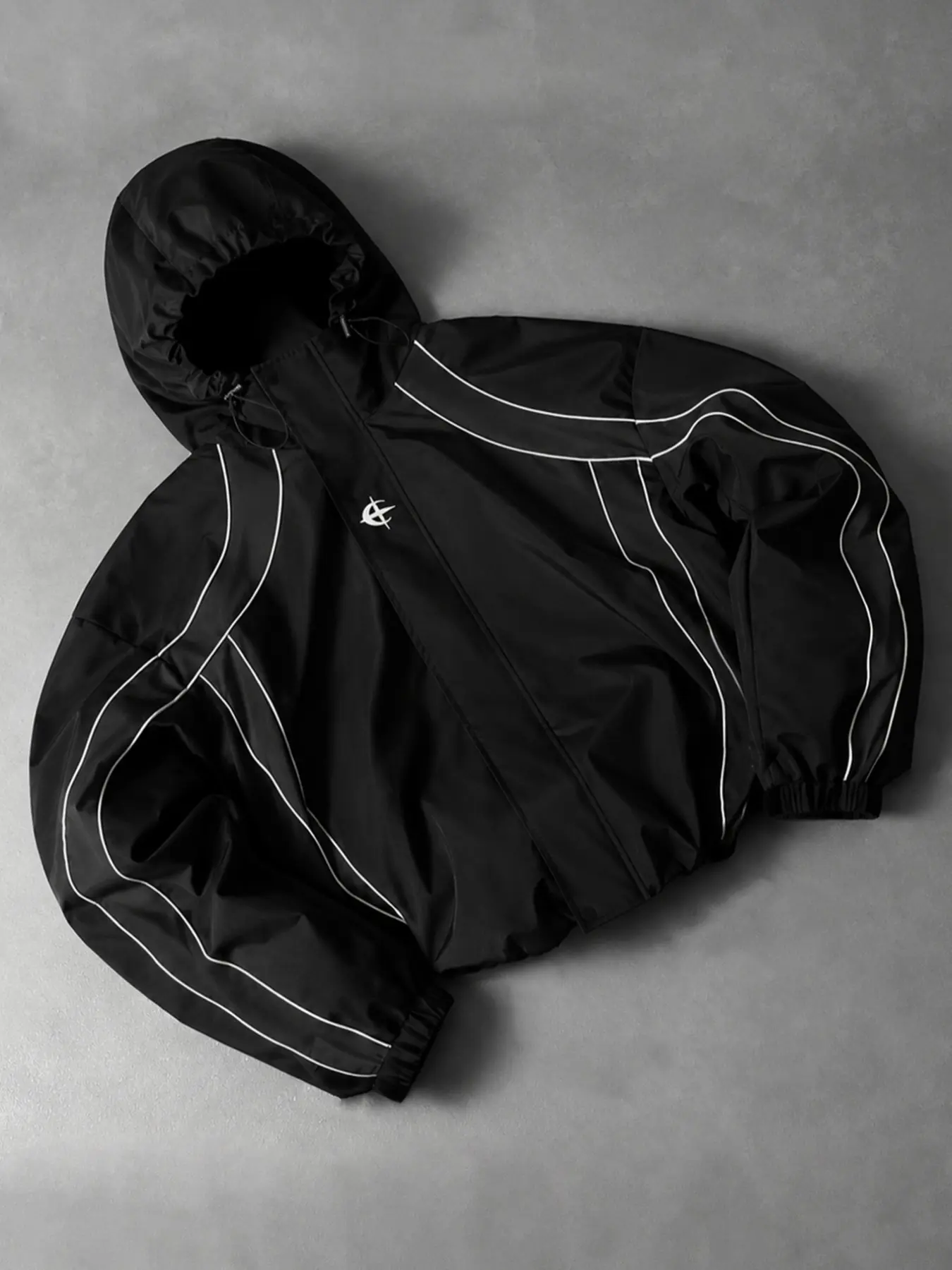 Men's Hooded Windproof Jacket, White Curve Decoration, Adjustable Drawstring Hat, Elastic Sleeves, Casual Fall Street Style