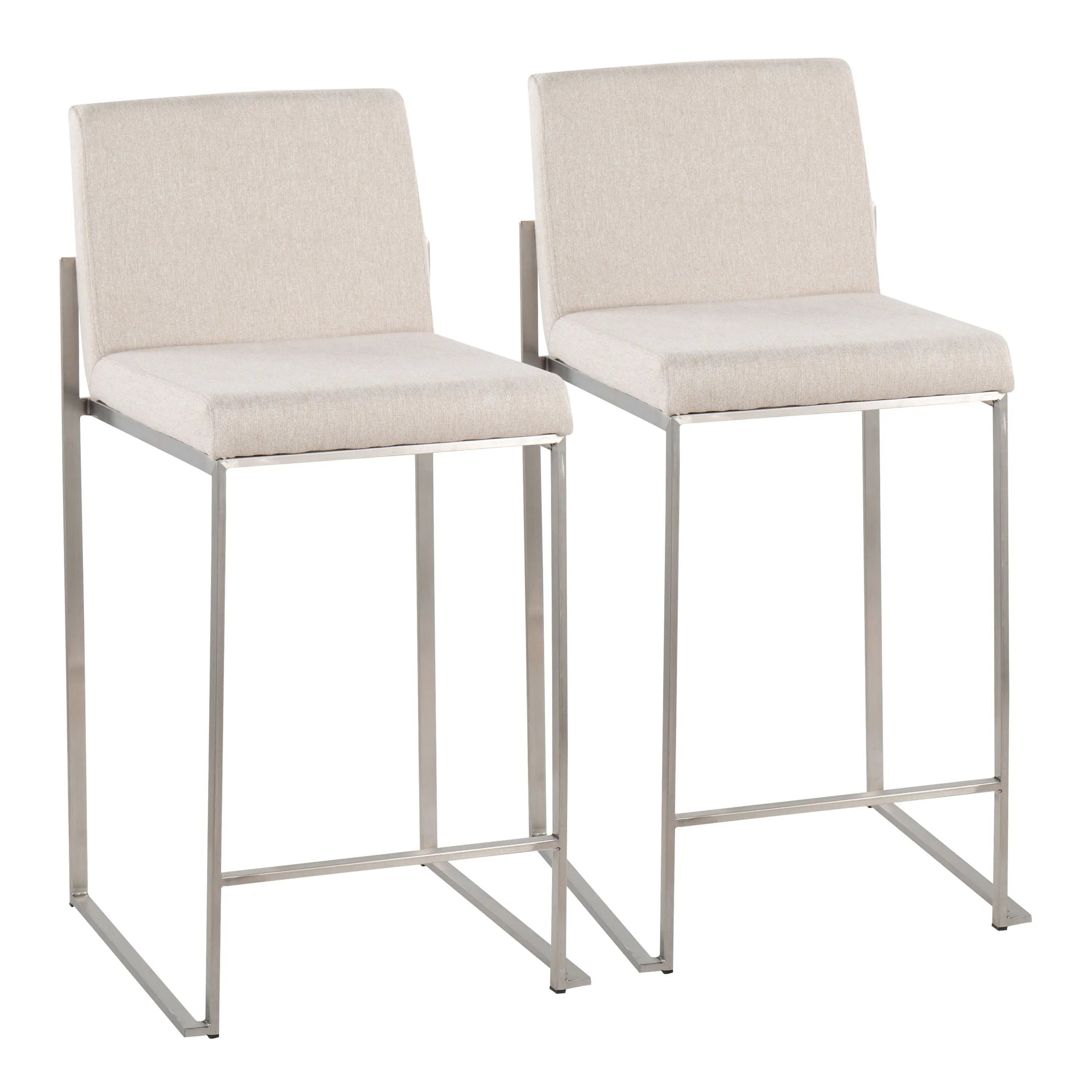 Nokaa Contemporary High Back Counter Stool Set of 2 Stainless Steel Frame Beige Fabric Upholstered Bar Stools for Kitchen Island Home Bar Dining Room Modern Tall Seating
