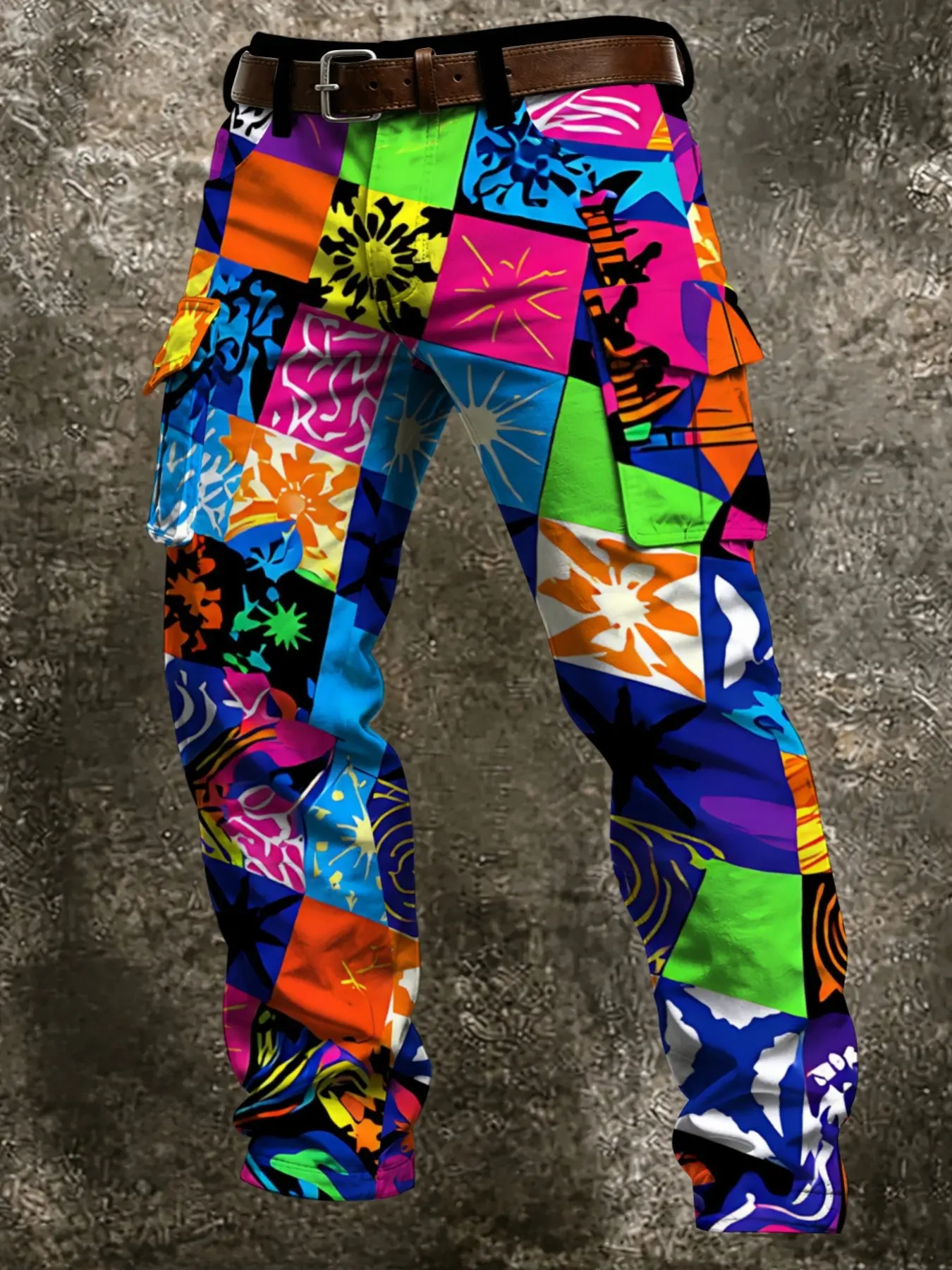 Vintage Pop Art Graffiti Cargo Pants, Side Pockets, Ankle-Length, Floral Print, Bright Colors, Casual Long Pants for Fall & Winter