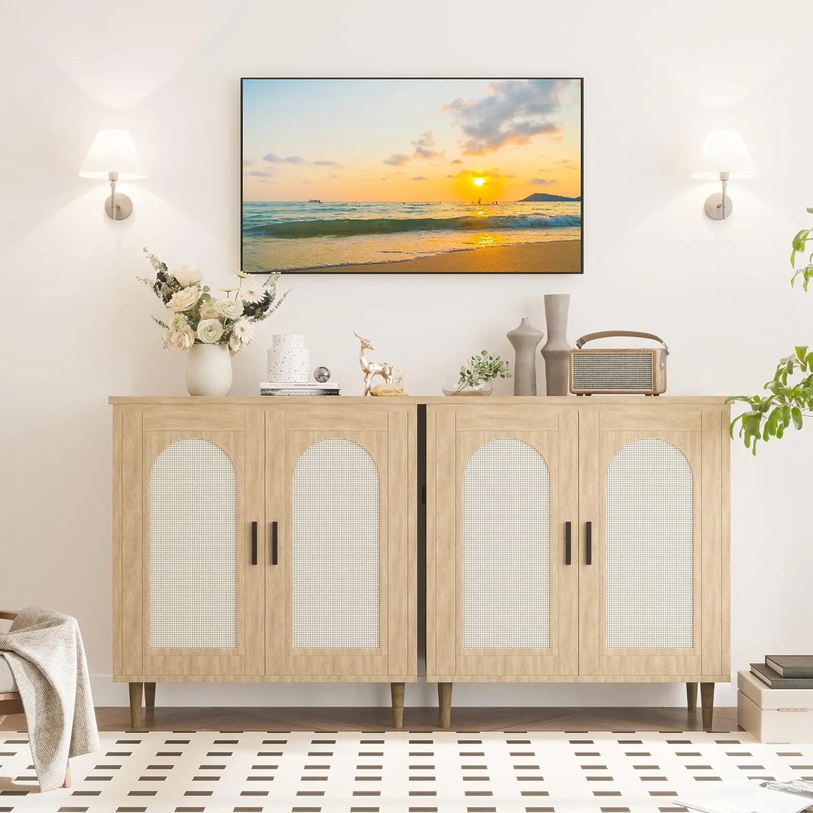 Set of 2 Modern Black Rattan Sideboard Buffet Cabinets – Adjustable Shelves & Sturdy Wood Legs – Ample Storage for Entryway, Living Room, Kitchen or Dining