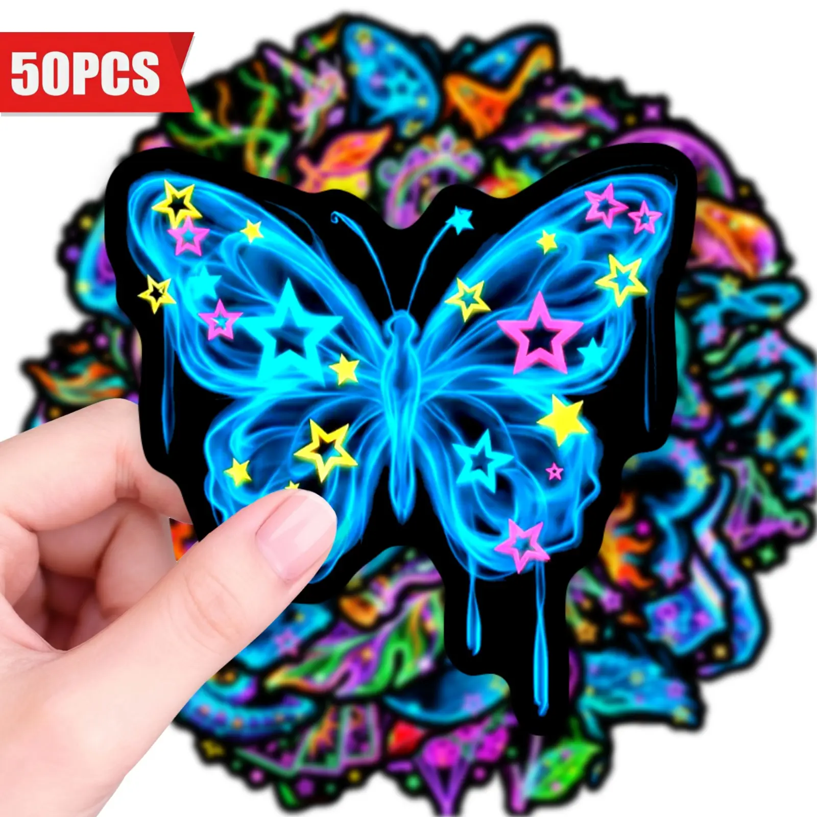 50Pcs Black Base Neon Drip Butterfly Stickers, Fluorescent Star Butterfly Decor Labels, Planner Accessories, Office Products, Back To School Notebook Decor