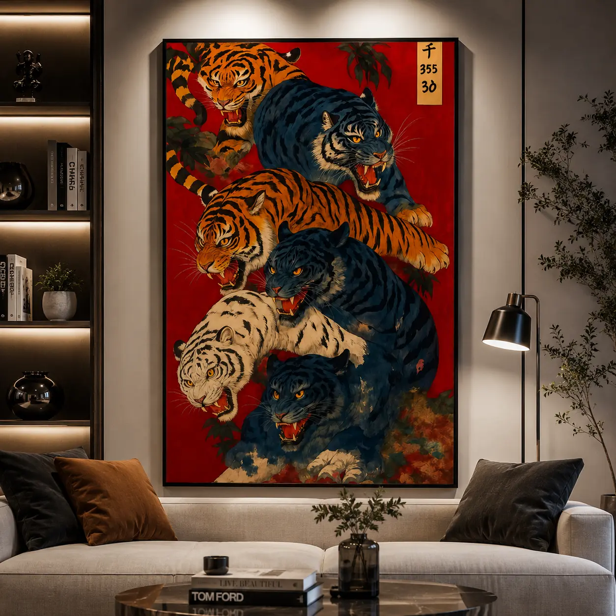 Japanese Tiger Canvas Poster, Ukiyo-e Style Multicolor Tiger Wall Art Print, Bold Red Vintage Room Decor for Bedroom Living Room Office, Boyfriend Gift Holiday Gift