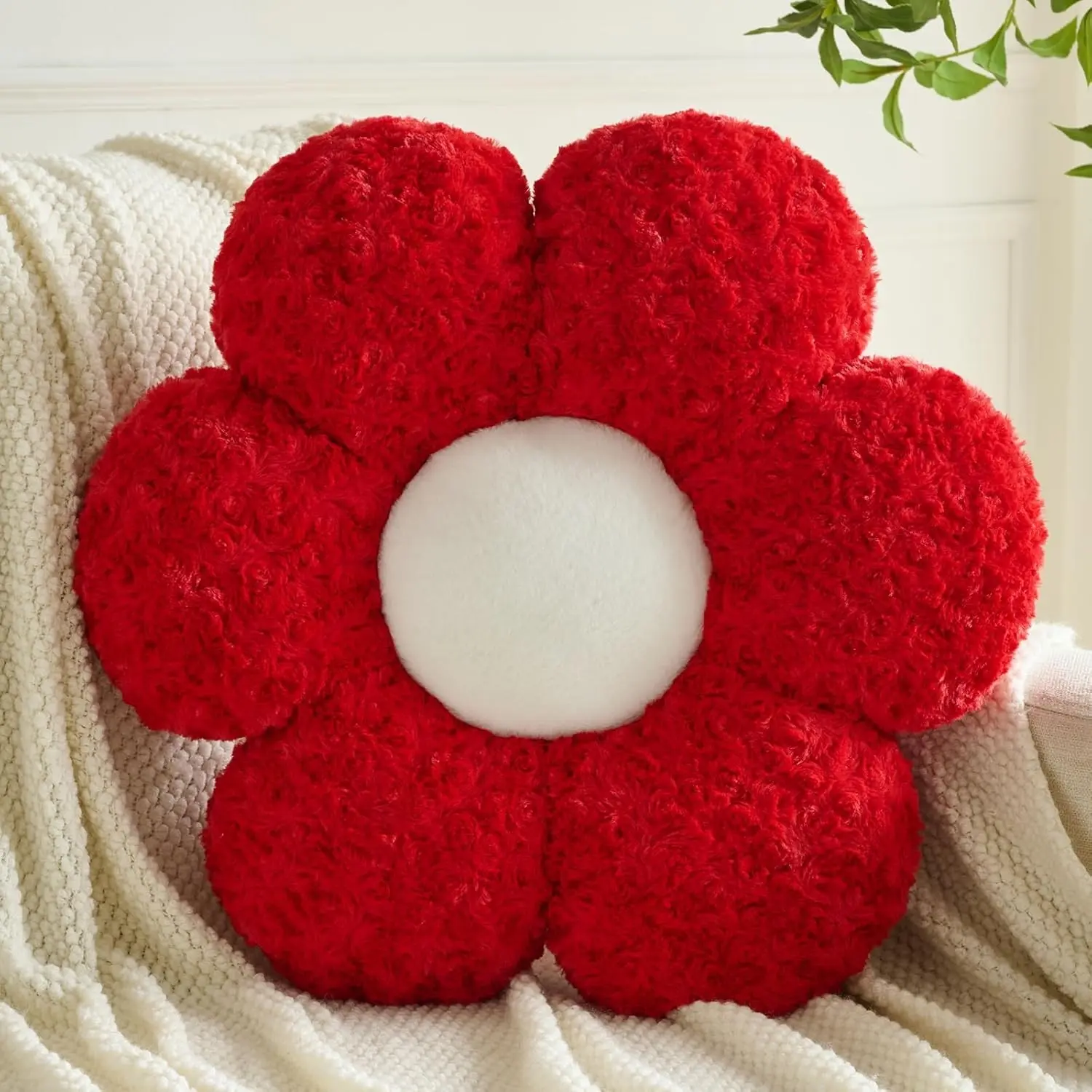 Flower Pillows, Decorative Throw Pillow with Soft Plush for Couch, Flower Shaped Pillow Home Decor Daisy Pillow for Bed (Red, 14.9 Inches)