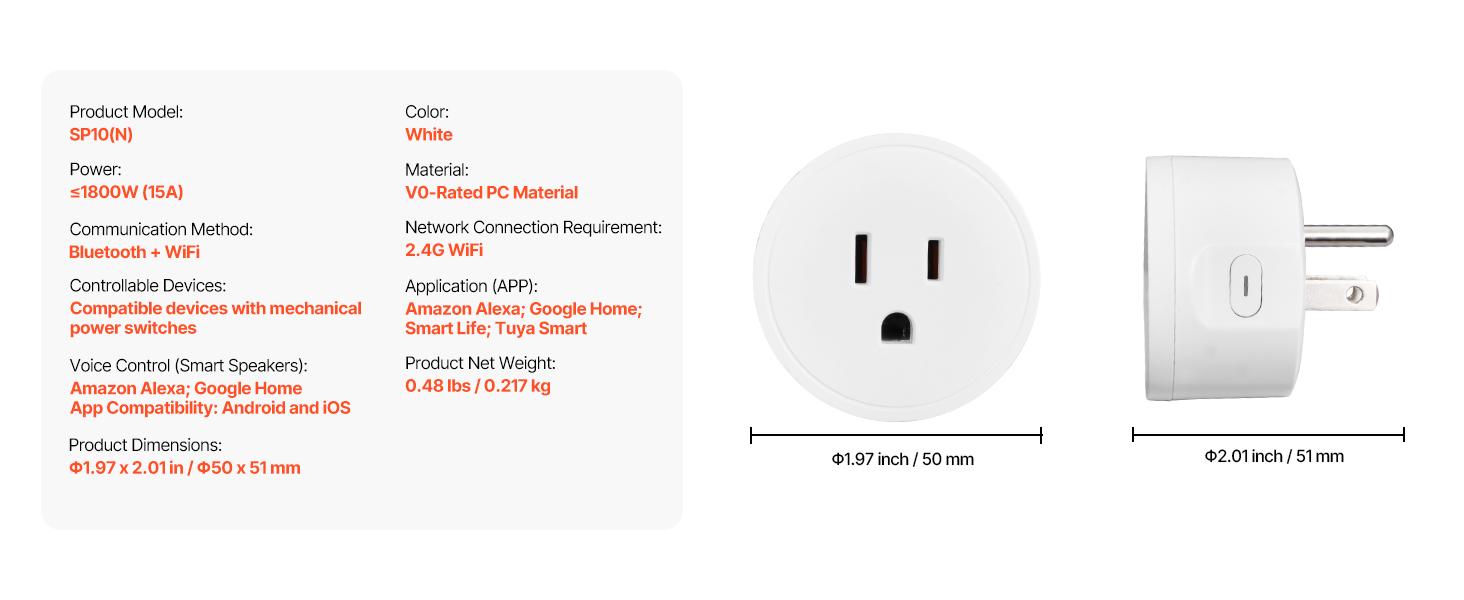 VEVOR Smart Plug, WiFi Smart Outlet Compatible with Alexa and Google Home, WiFi Plugs with Scheduling, App Control & Timer Function, 2.4GHz Wi-Fi Only, 15Amp, No Hub Required, White (4 Pack)