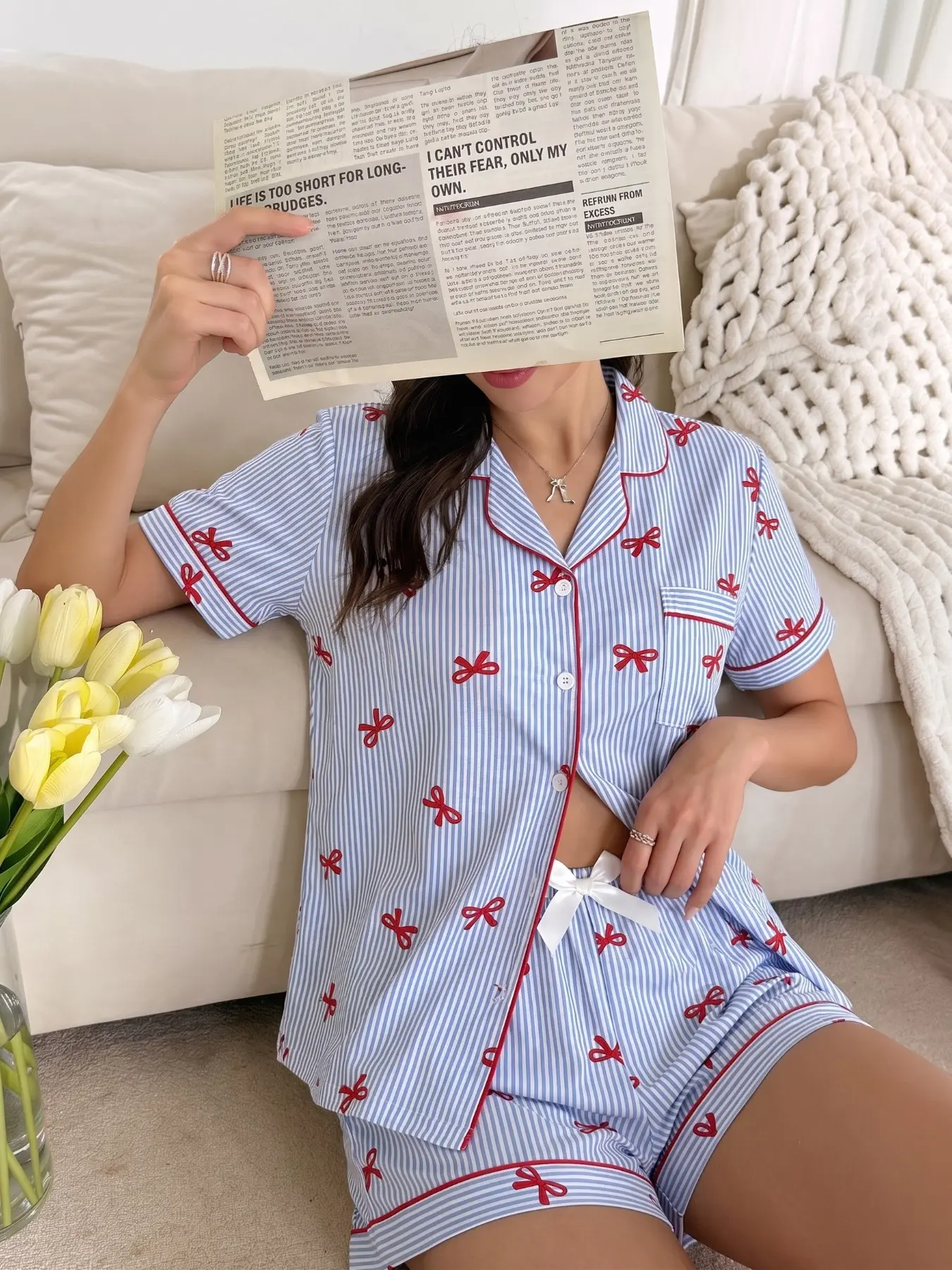 Women's Blue Striped & cute bow Print Pajama Set, Short Sleeve Shorts, Soft Comfortable Homewear, Casual All Seasons Sleepwear