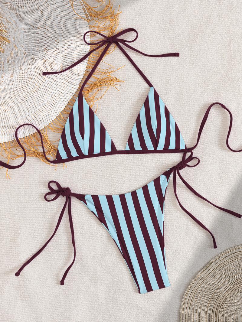 Trendy Brown & Light Blue Striped Triangle Tie-Side Bikini Set - Adjustable Two-Piece Swimwear Swimsuit with Flattering Fit, Perfect for Beach Vacations, Pool Days & Summer Getaways