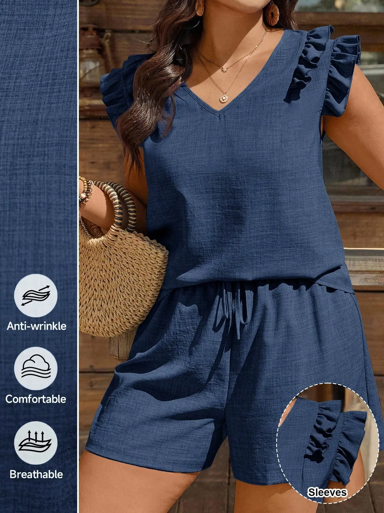 Women's Ruffle Two-Piece Set, V-Neck Sleeveless Top with Drawstring Waist Shorts, Breathable Loose Fit, Casual Beach Streetwear