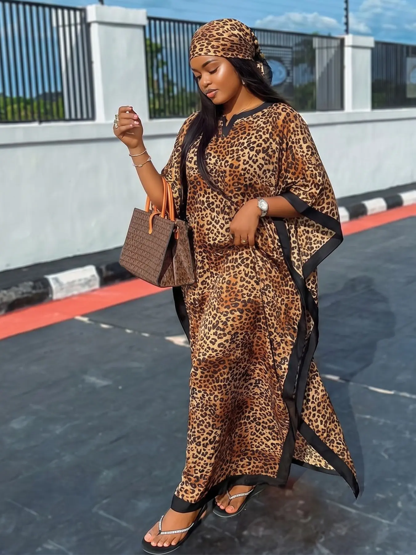 Boho Style Women's Elegant Leopard Print Robe Set, Long Dress + Headscarf Scarf Hairband, Daily Wear Beach Vacation Sun Protection Lightweight Wrap