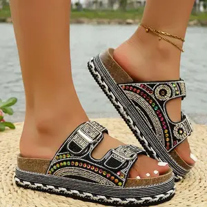 Women's Cork Footbed Slide Sandals Faux Buckle Comfortable Arch Support Flat Beach Pool Slides for Women Outdoor Walking Spring Summer Casual Footwear