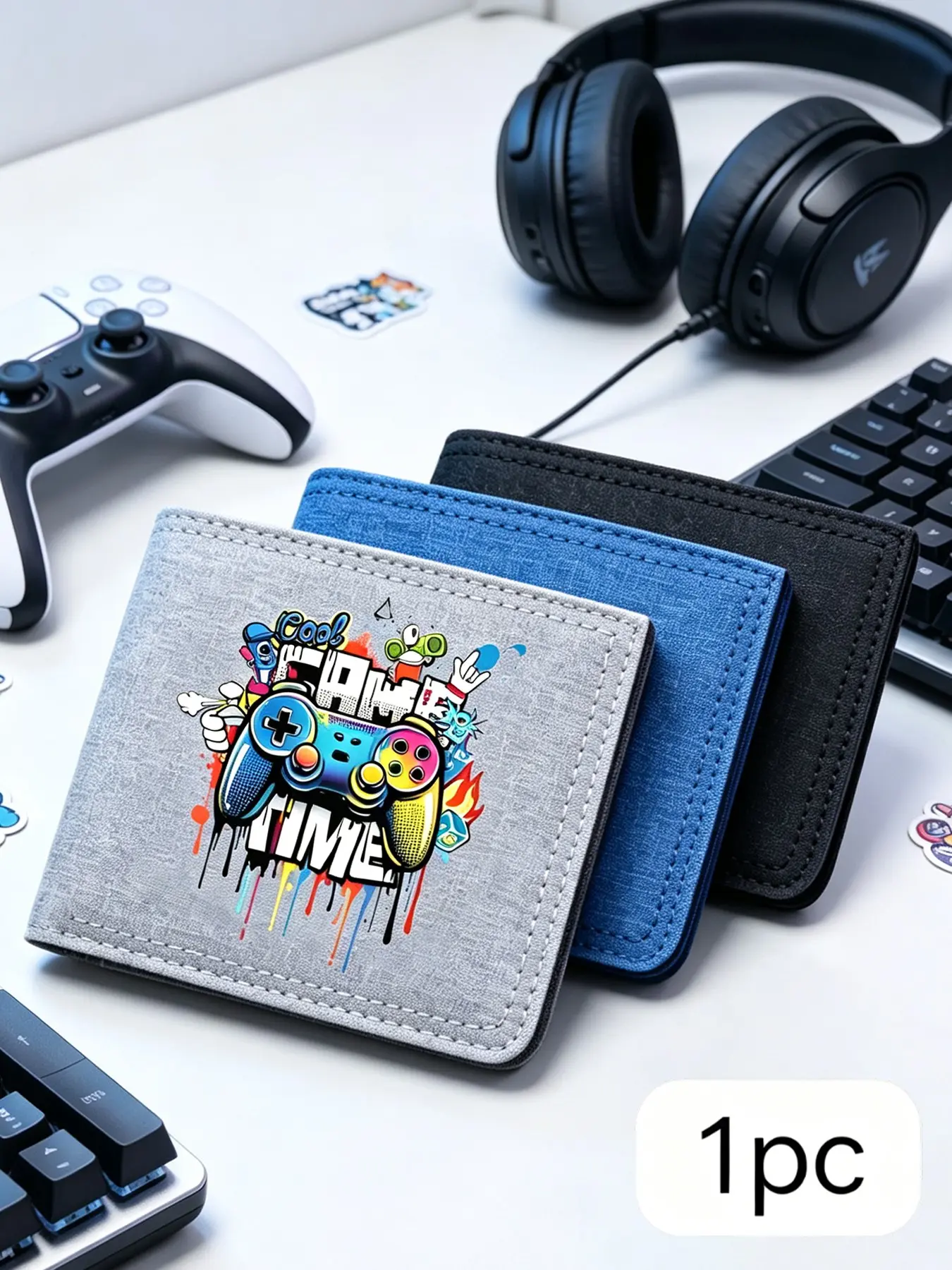 'cool Game Time' Foldable Canvas Wallet, Vibrant Graffiti Game Controller Print, Slim Credit Card Holder, Lightweight Cash Organizer, 3 Color Options