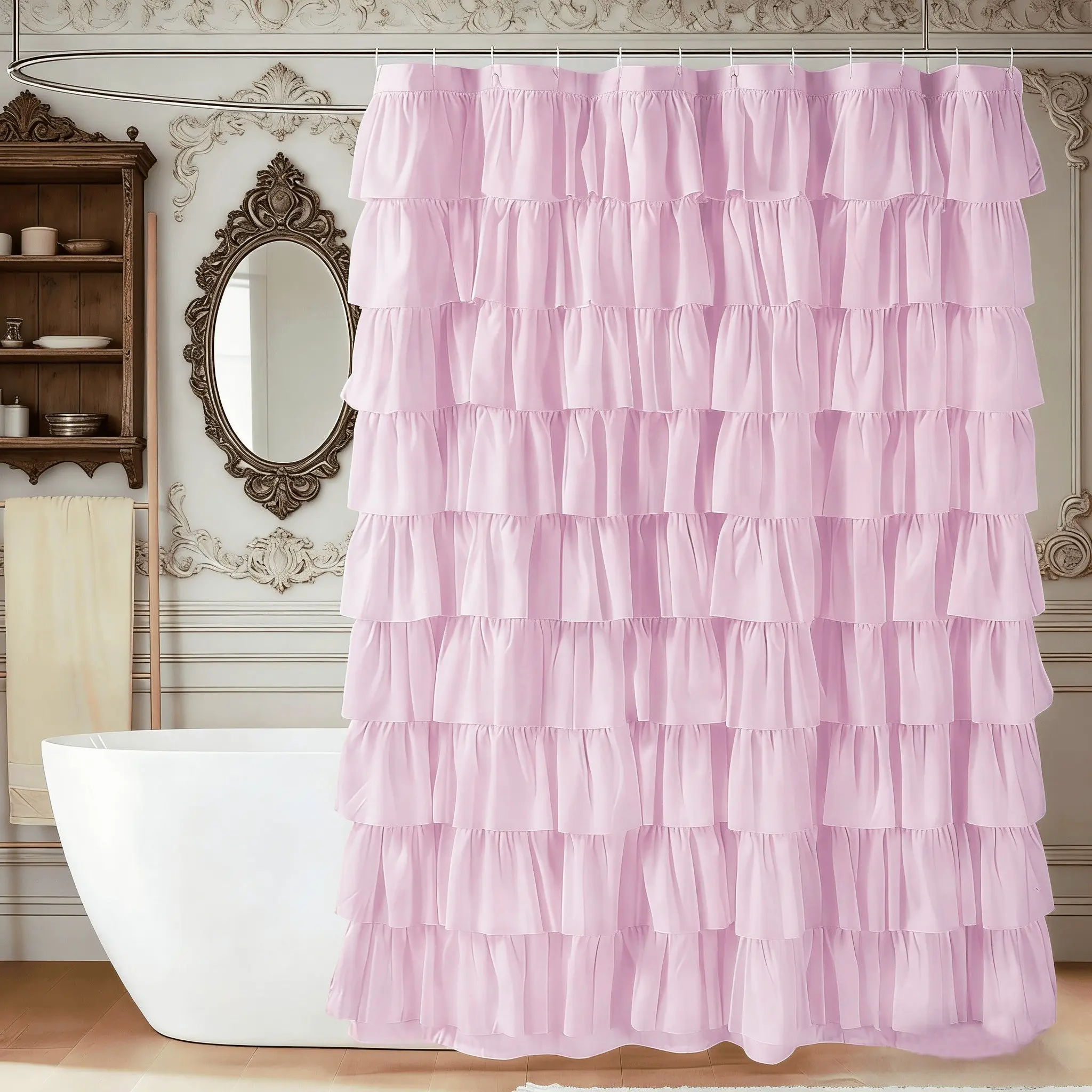 French vintage pastoral-style pink Ruffled shower curtain crafted with elaborate layered ruffles. Equipped with 12 grommets for easy hanging, hotel-quality finish ideal for master bathroom decoration.