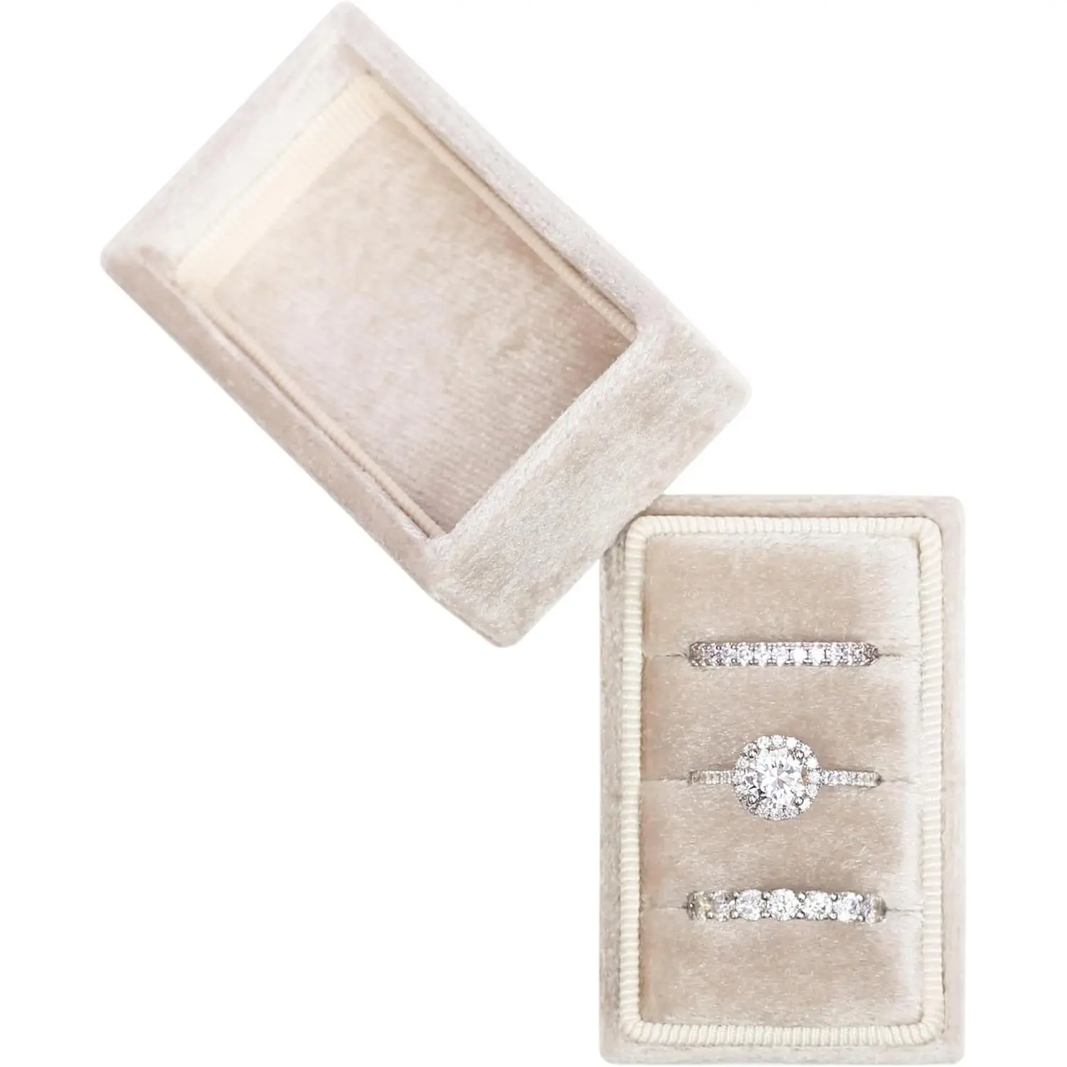 Rectangle 3 Slots Italian Velvet Jewelry Box Engagement Wedding Photo Ring Box Keepsake Box Triple Ring Gift Box (Champagne)