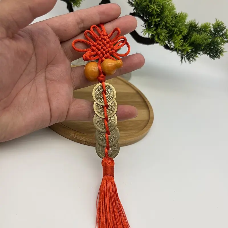 Set of 10 Traditional Lucky Wooden Gourd Five Emperors Coins Hanging Decor, Chinese Knot Tassels, Feng Shui Home Car Decoration