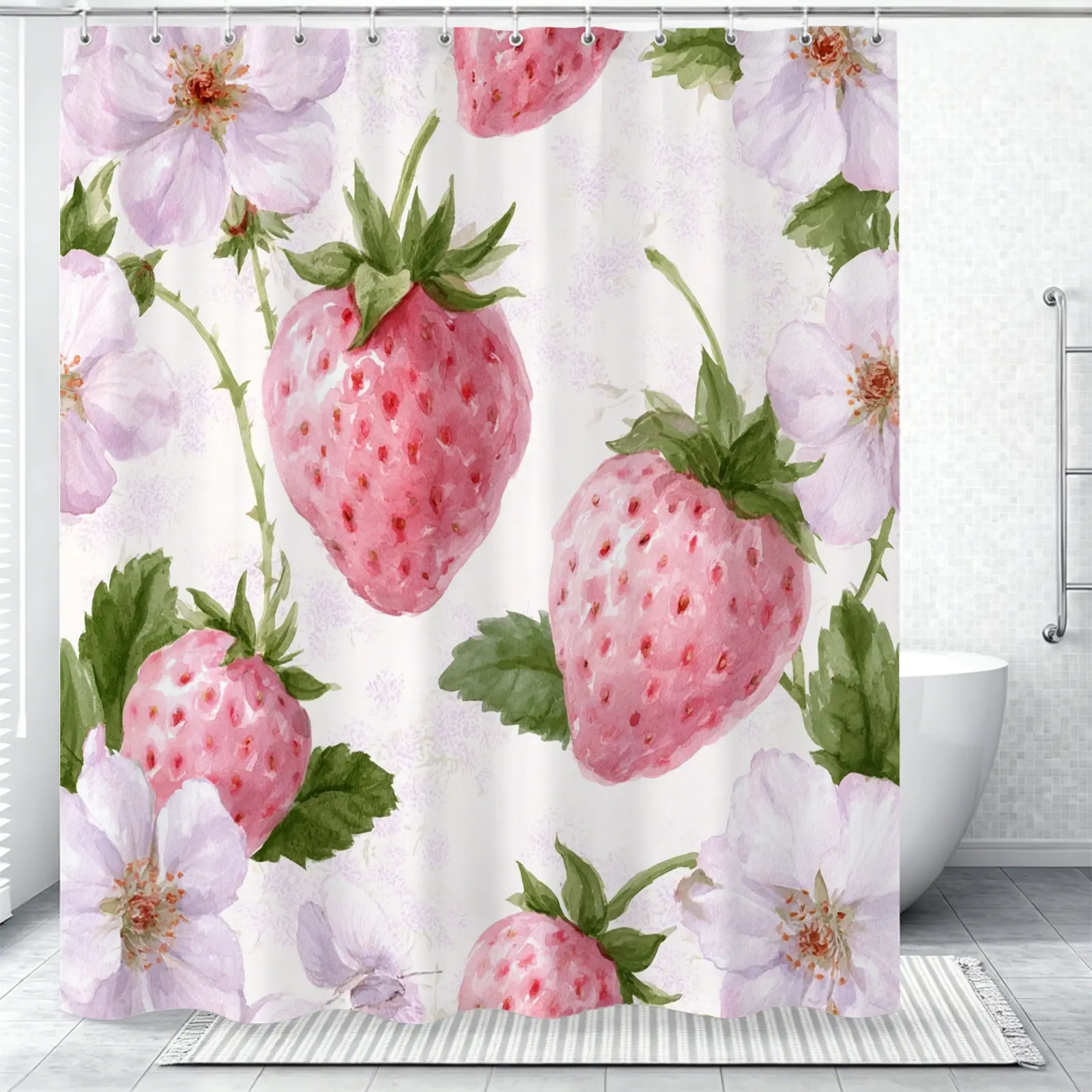 Shower Curtain Vintage Watercolor Strawberry Floral Pattern — Waterproof Fabric, Easy to Install, Perfect for Home, Hotel, Dorm Bathroom Decoration, Retro Style Bathroom Accessory